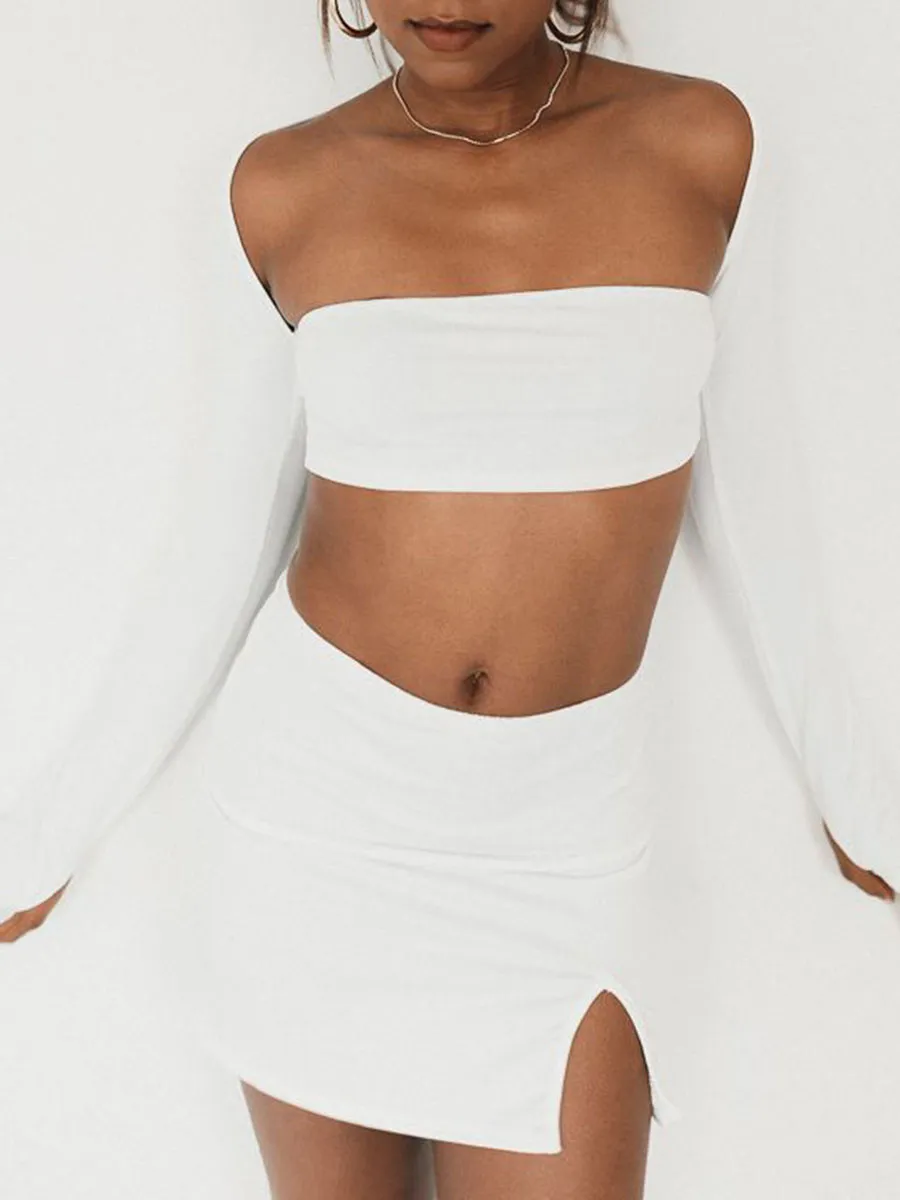 White Long Sleeve Crop and Mini Skirt Set