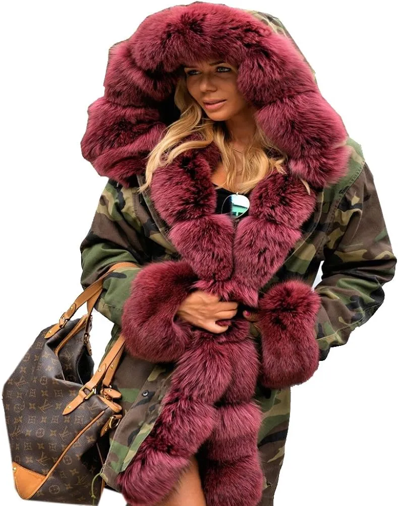 Womens Hooded Camouflage Warm Winter Coats Faux Fur Jacket Parka Overcoat