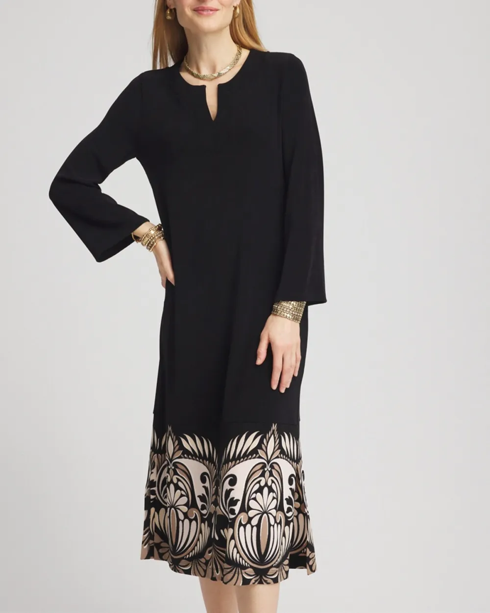 Long Sleeve Embroidered Hem Midi Dress