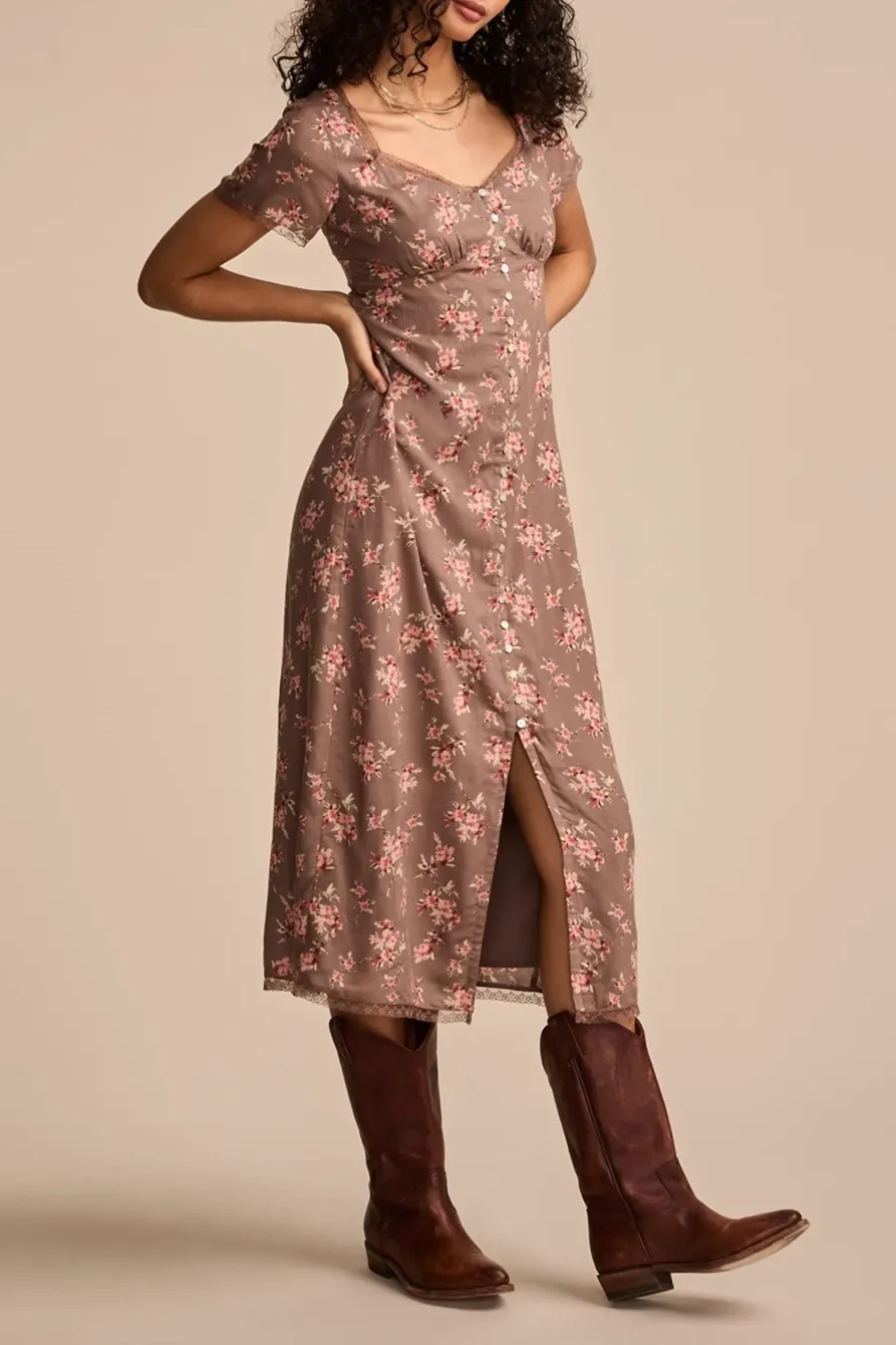 Laupe Floral Lace trimmed Short Sleeve Midi Dress