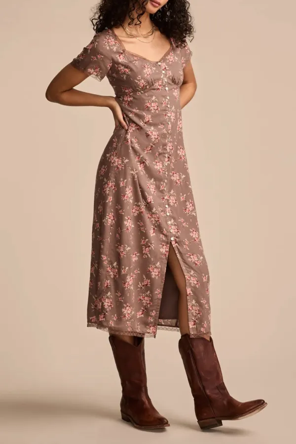 Laupe Floral Lace trimmed Short Sleeve Midi Dress