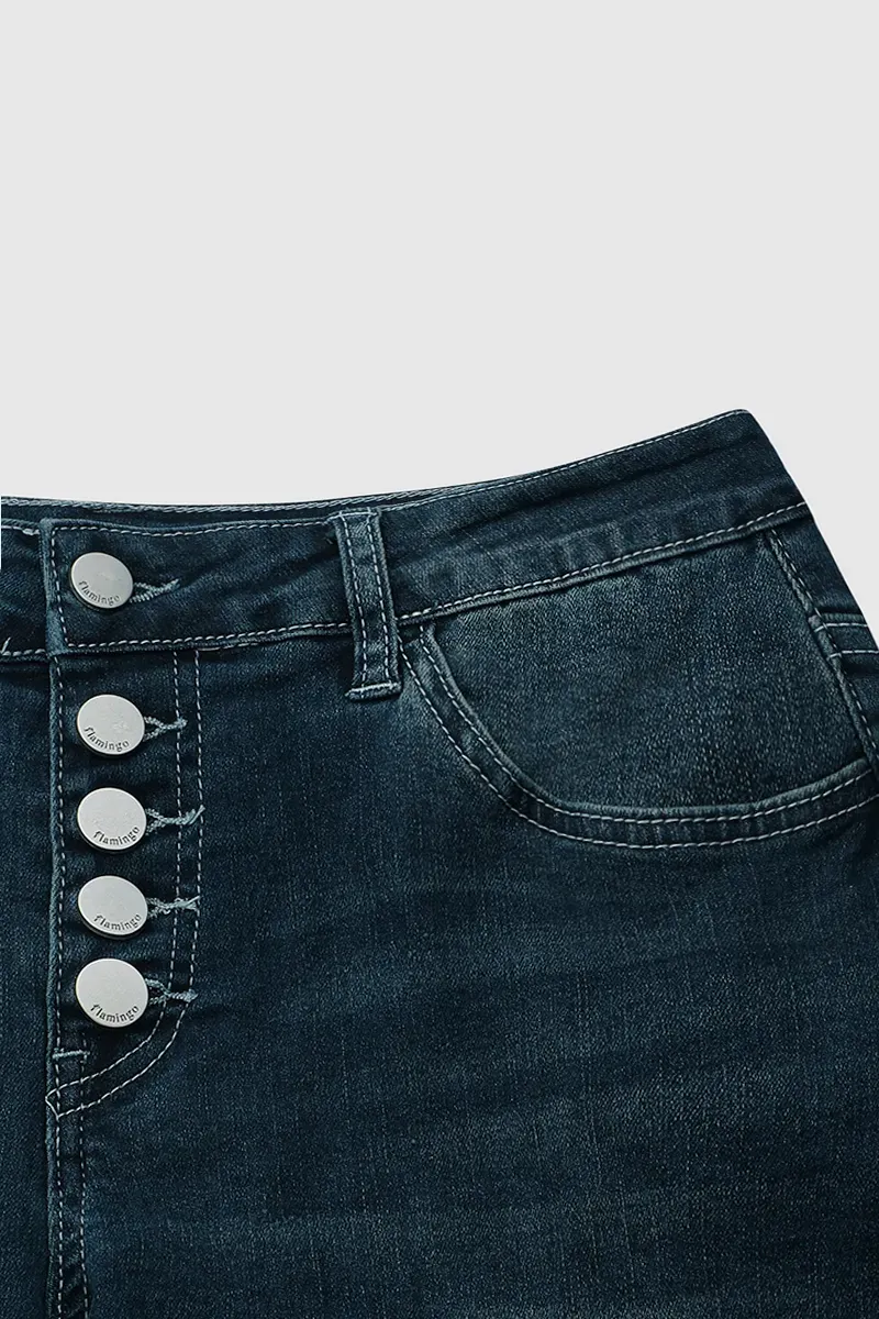 Button Up Roll Hem Low Waist Straight Leg Jeans