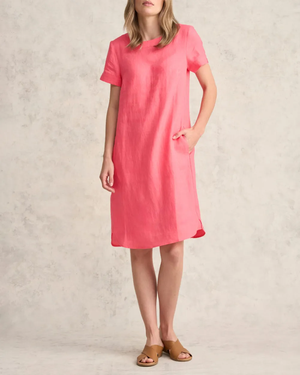 Scoop Neck Linen Dress - Coral