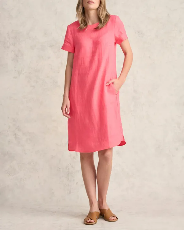 Scoop Neck Linen Dress - Coral