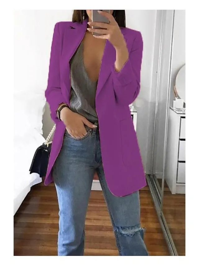 Women's Blazer Casual Pocket Clean Fit Formal Outdoor Daily Wear Polyester Spring Wine Green Black Open Front V Neck Regular Fit S M L XL XXL 3XL / Solid Color
