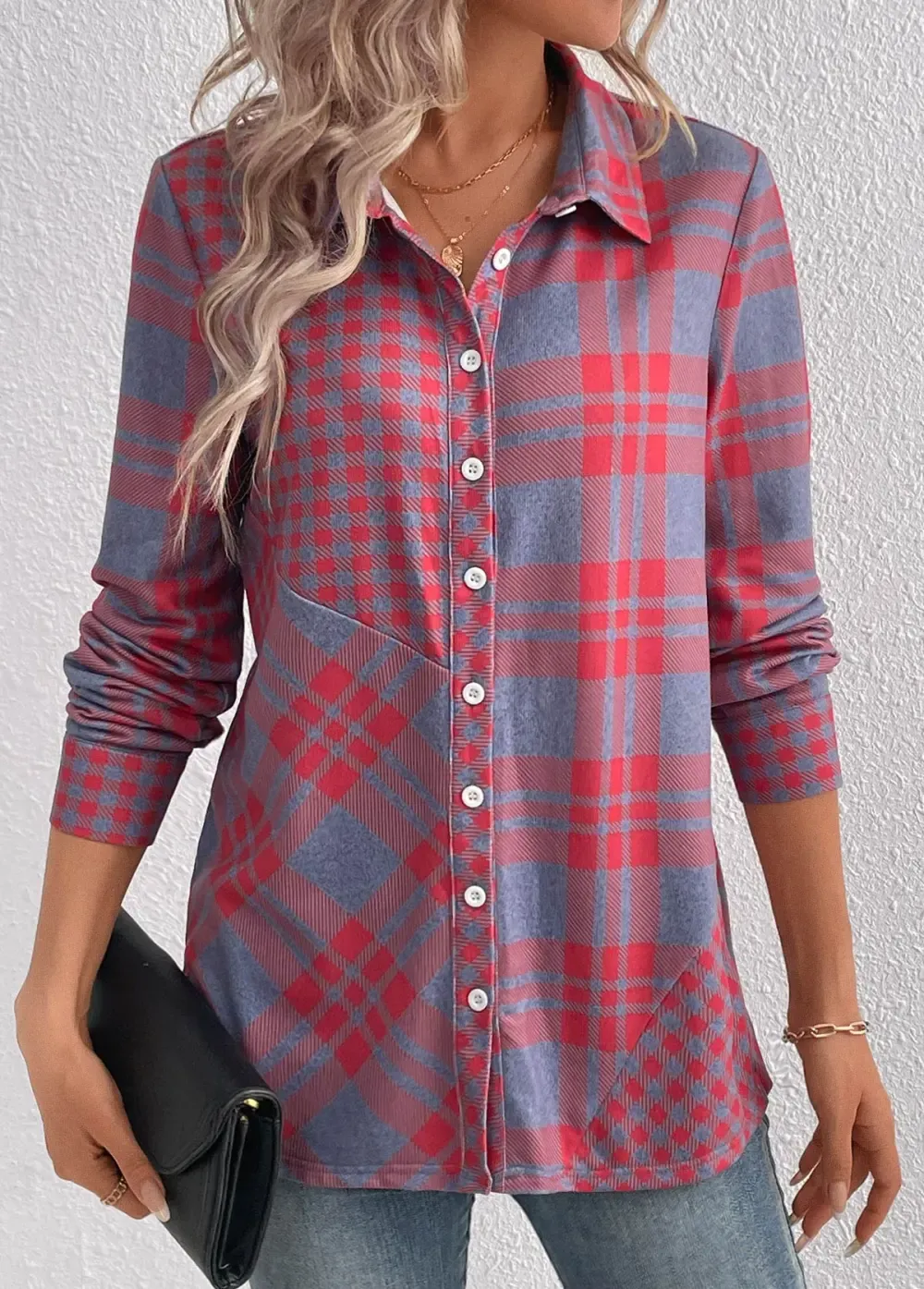Red Button Plaid Long Sleeve Shirt Collar Blouse