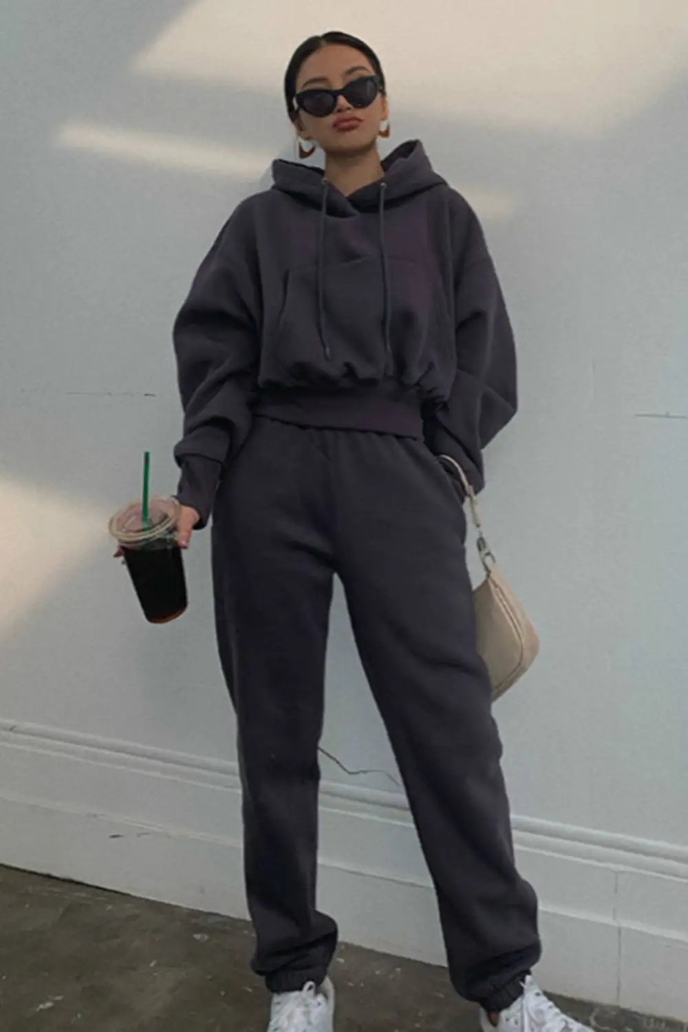 Drawstring Hoodie Crop Top & Jogger Pants
