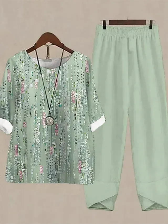 Women's Shirt Pants Sets Pants Trousers Basic Light Green Blue Holiday Weekend Floral Print Round Neck S M L XL 2XL