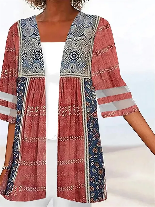 Women's Jacket Casual Jacket Outdoor Patchwork Floral Breathable Fashion Regular Fit Outerwear 3/4 Length Sleeve Summer Light Pink S