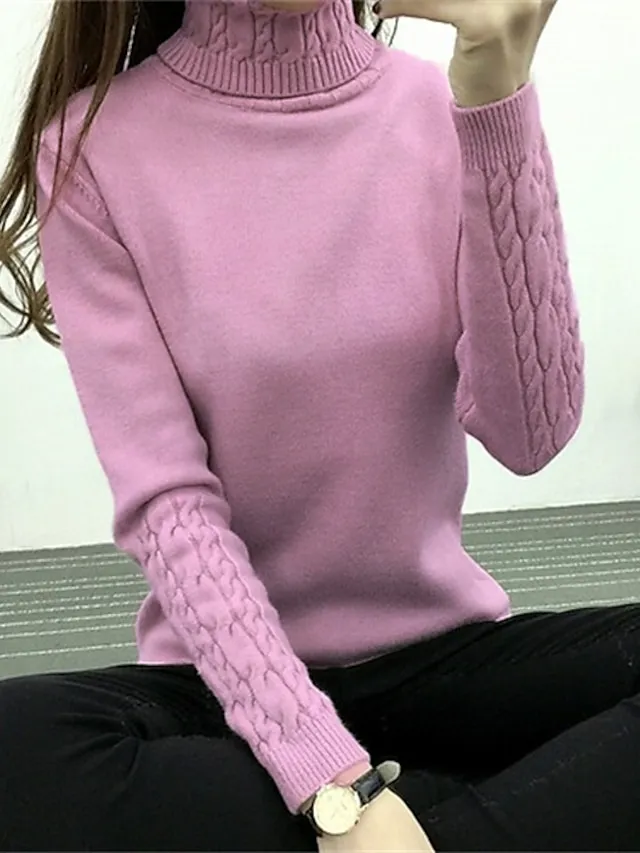 Women's Pullover Sweater Jumper Pullover Jumper Turtleneck Knit Polyester Knitted Thin Fall Winter Home Daily Going out Stylish Basic Sexy Long Sleeve Solid Color Black White Pink S M L