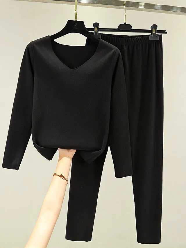 Women's Thermal Underwear Suit Pajama SetsThermal Set Pure Color Fashion Casual Soft Home Daily Bed Polyester Breathable V Wire Long Sleeve T shirt Tee Pant Fall Winter Light Pink Black