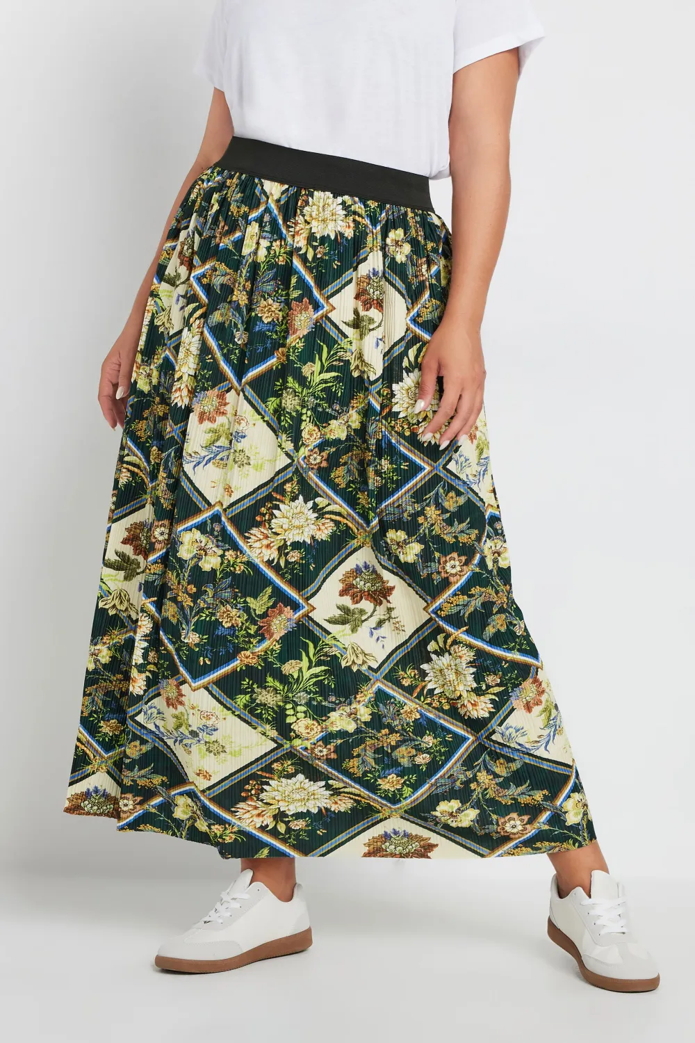 YOURS Curve Green Geometric Floral Print Pleated Skirt