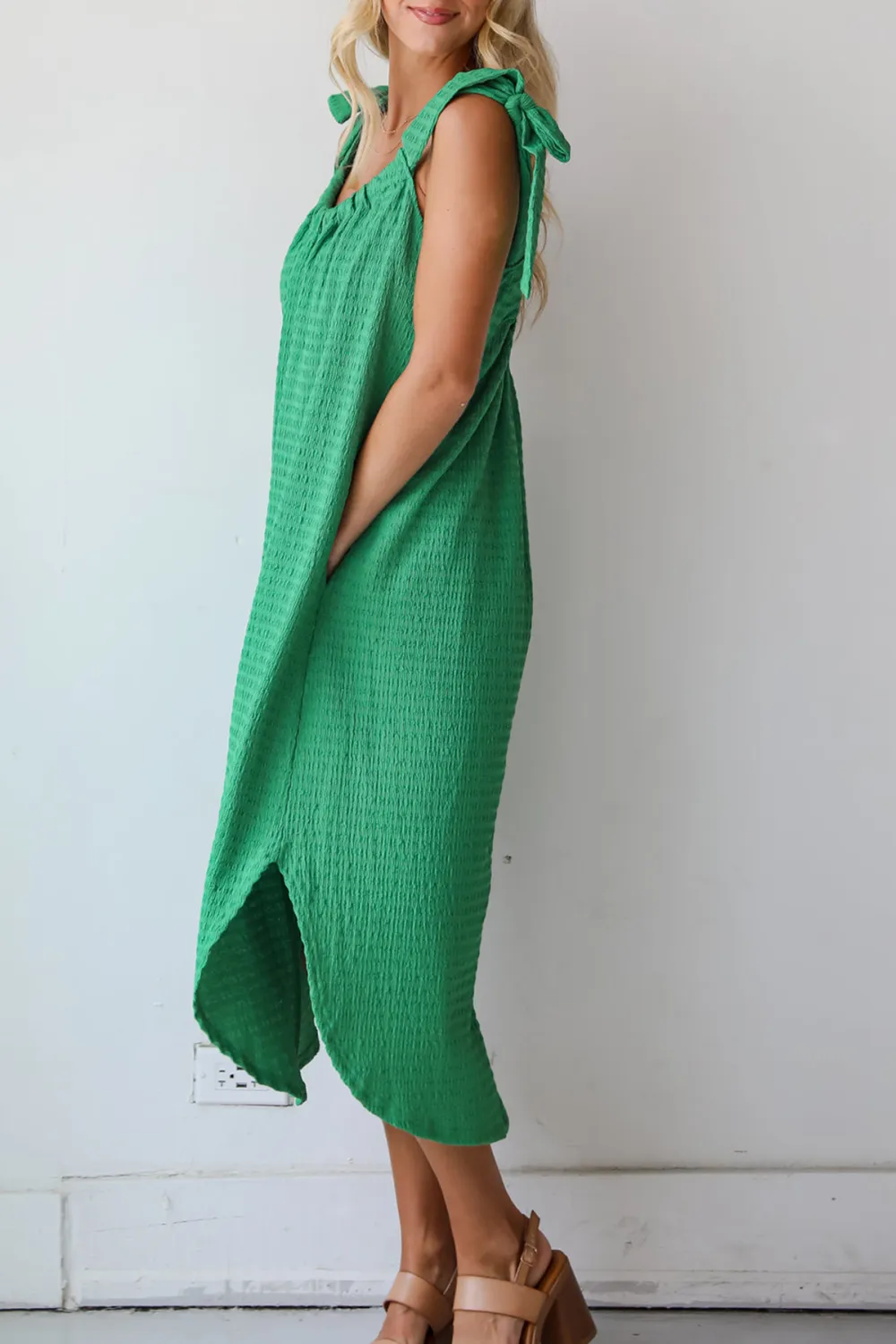 Playful Style Green Textured Midi Dress