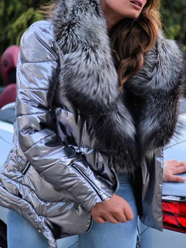 Women's Plus Size Down Fur Trim Pocket Pure Color Outdoor Causal Long Sleeve Turndown Regular Fall Winter Silver Black L XL XXL 3XL 4XL