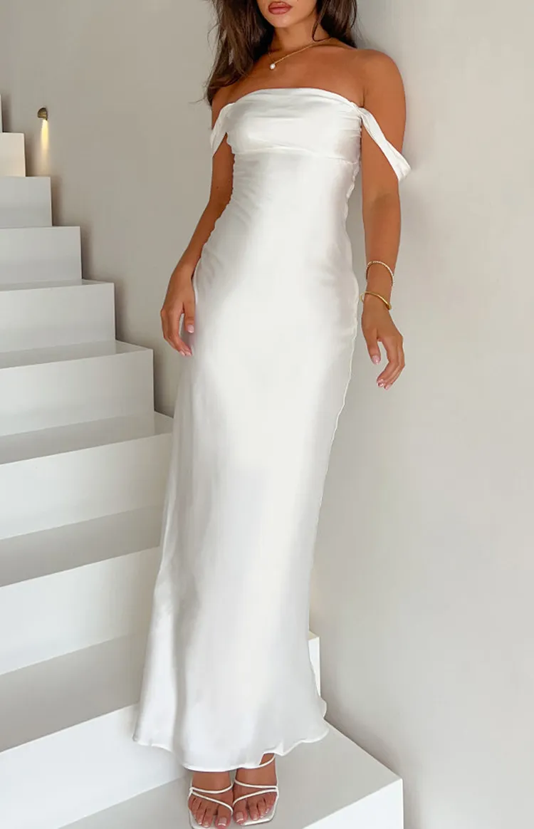 Off Shoulder White Satin Evening Gown Formal Dresses