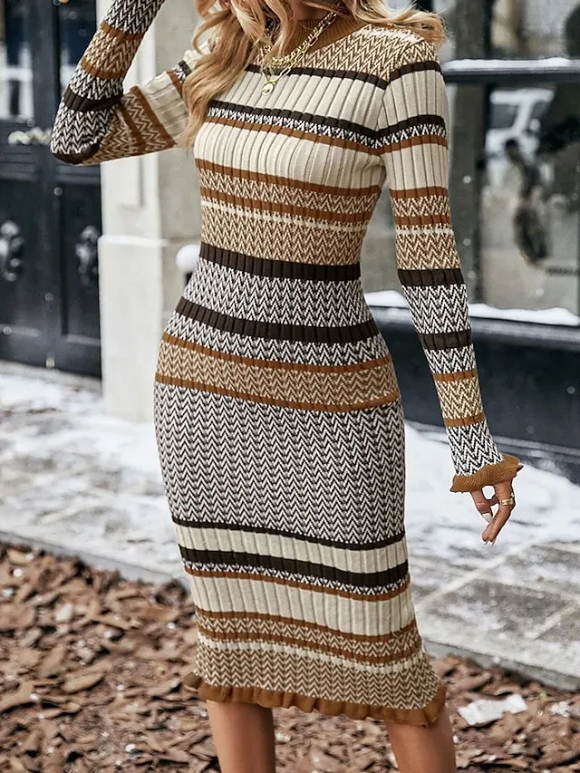 Women's Sweater Dress Jumper Dress Winter Dress Midi Dress Knitwear Daily Casual Stripe Outdoor Casual Daily Holiday Crew Neck Long Sleeve 2023 Regular Fit Beige One Size