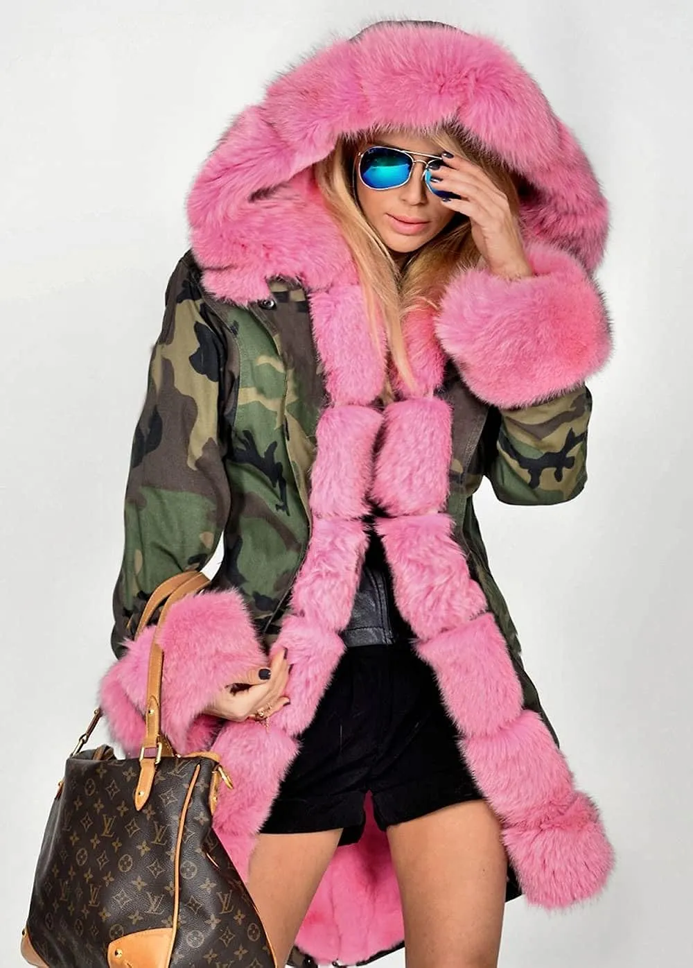 Womens Hooded Camouflage Warm Winter Coats Faux Fur Jacket Parka Overcoat