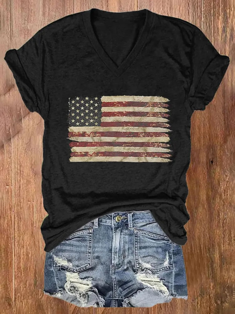 Women'S National Flag Pattern Print V-Neck Short-Sleeved T-Shirt
