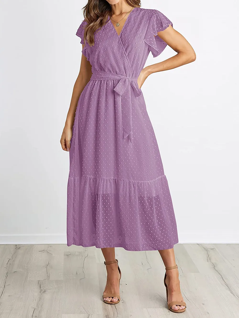 Women Summer Bohemian Floral Casual Wrap V Neck Ruffle Cap Sleeveless Belt A-Line Pleated Hem Swing Midi Sun Dress