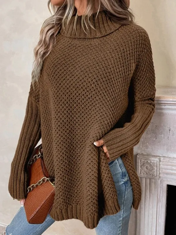 Turtleneck Drop Shoulder Split Hem Sweater