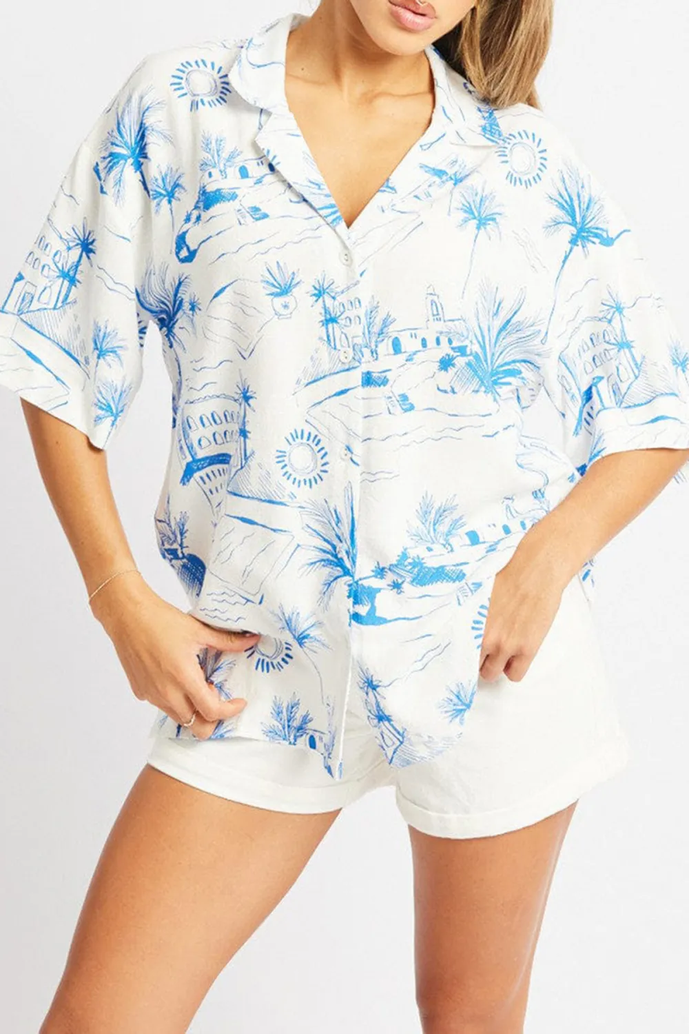 Blue Abstract Relaxed Shirt Short Sleeve Linen Blend