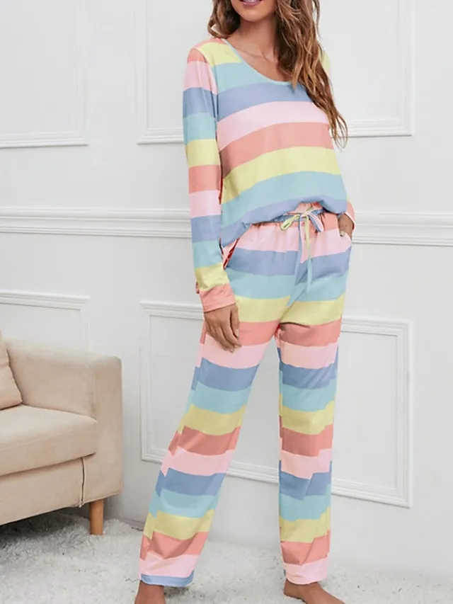 Women's Pajamas Nighty Pjs Sets 2 Pieces Rainbow Stripe Fashion Comfort Soft Home Daily Bed Cotton Breathable V Wire Long Sleeve T shirt Tee Pant Spring Fall Yellow Blue