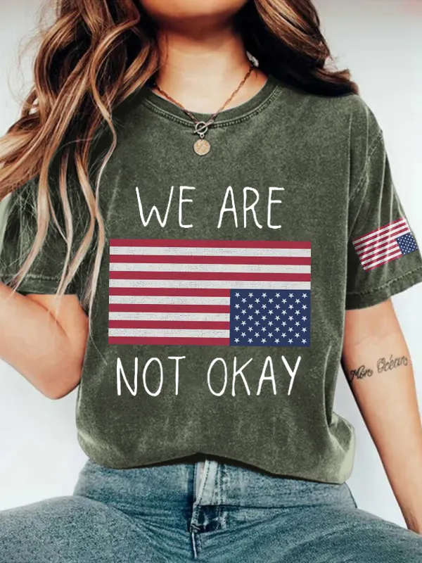 Women'S T-Shirt Retro We Are Not Ok Printed T-Shirt Wash Texture Pure Cotton Round Neck Short Sleeve