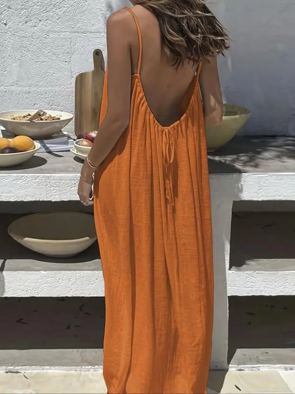Women's Solid Color Cami Lounge Dress, Elegant Sleeveless Long Dress for Summer, Ladies Sleepwear for Indoor Wear