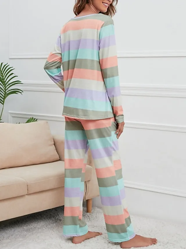 Women's Pajamas Nighty Pjs Sets 2 Pieces Rainbow Stripe Fashion Comfort Soft Home Daily Bed Cotton Breathable V Wire Long Sleeve T shirt Tee Pant Spring Fall Yellow Blue