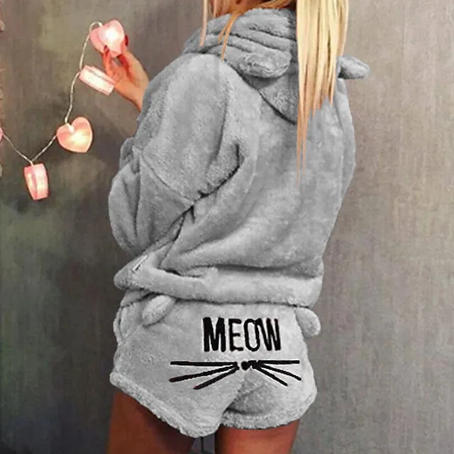 Women's Loungewear Fluffy Pajama Fuzzy Sweatsuit Sets 2 Pieces Animal Cat Warm Plush Comfort Home Street Daily Fleece Hoodie Long Sleeve Hoodie Shorts Elastic Waist Fall Winter Pink Navy Blue