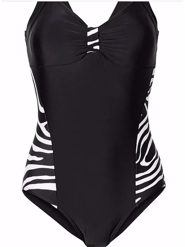 Women's Swimwear One Piece Monokini Plus Size Swimsuit Modest Swimwear Tummy Control Open Back Printing for Big Busts Zebra Print Black V Wire Bathing Suits Sports Vacation Fashion