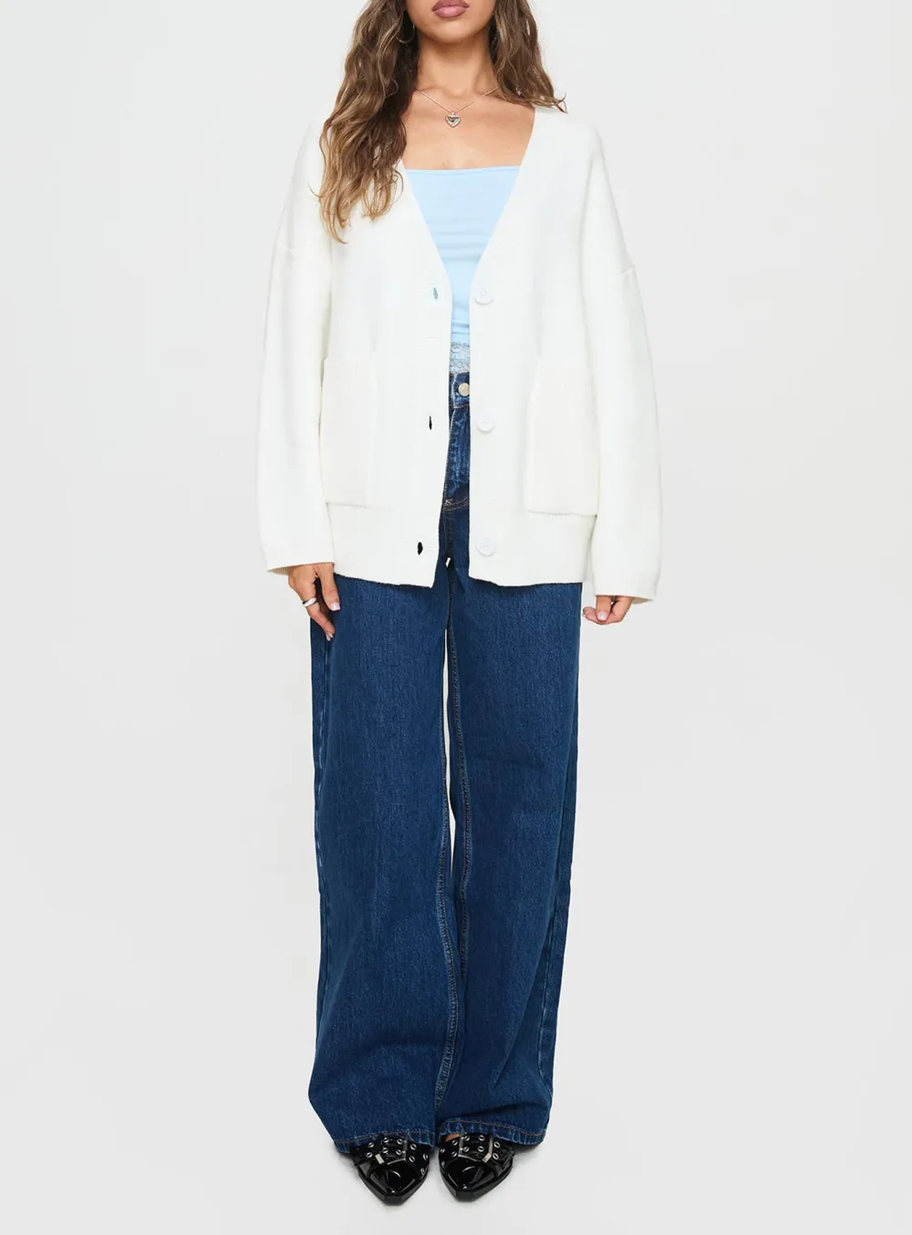 Deep Neck Cardigan White