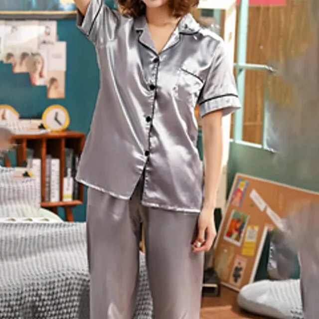 Women's Pajamas Pjs Sets 2 Pieces Pure Color Fashion Simple Comfort Home Xmas Christmas Daily Satin Lapel Short Sleeve Shirt Pant Elastic Waist Summer Spring Silver Black