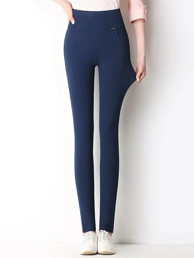 Women's High Waist Leggings Cotton Blend Wine Royal Blue White Fashion Daily Going out Stretchy Full Length Tummy Control Solid Color S M L XL XXL / Skinny
