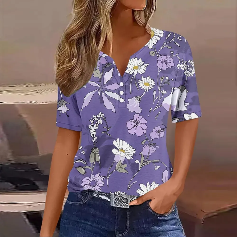 Shirts for Women Casual Printed Summer Tops Short-Sleeved Button V-Neck Tops Blouse Fashion Boho T-Shirts