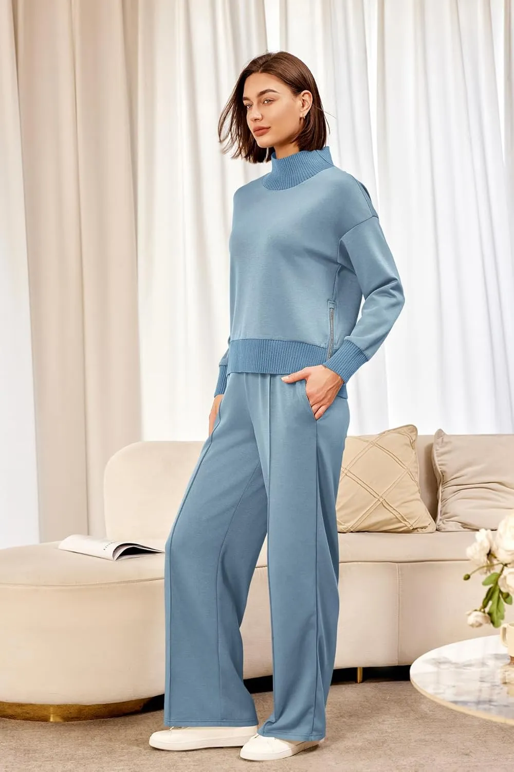 Women's 2-Piece Lounge Set 🧶 | Cozy Knit Turtleneck Top & Matching Pants Outfit
