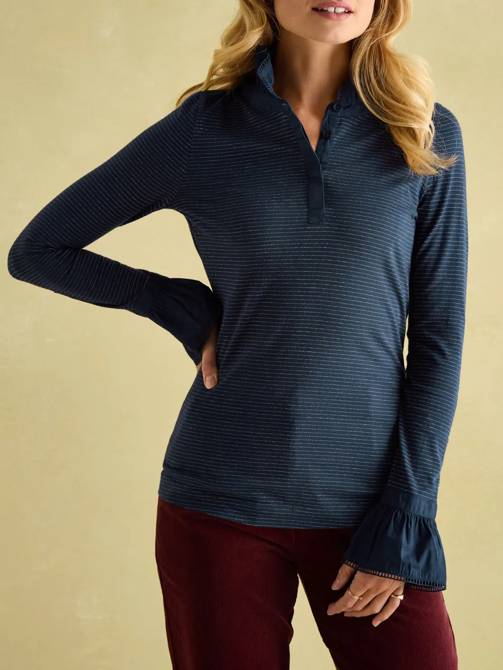 Black Long Sleeve Frilled Neck Top