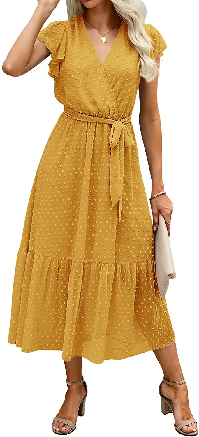 Women Summer Bohemian Floral Casual Wrap V Neck Ruffle Cap Sleeveless Belt A-Line Pleated Hem Swing Midi Sun Dress