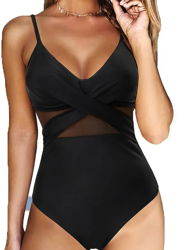 Women's Swimwear One Piece Normal Swimsuit Mesh Patchwork Plain Black Bodysuit Bathing Suits Sports Beach Wear Summer