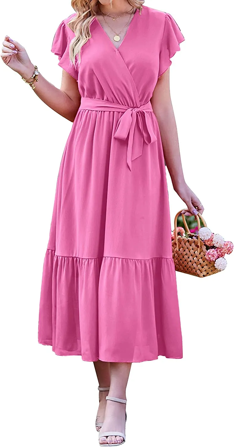 Women Summer Bohemian Floral Casual Wrap V Neck Ruffle Cap Sleeveless Belt A-Line Pleated Hem Swing Midi Sun Dress