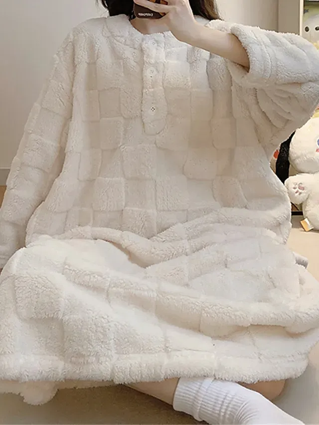 Women's Casual Dress Winter Dress White Dress Midi Dress Button Fleece Home Daily Vacation Fashion Modern Crew Neck Long Sleeve 2023 Loose Fit White Color M L XL 2XL Size