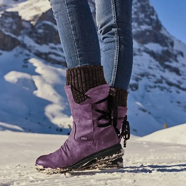 Women's Boots Snow Boots Sweater Boots Plus Size Outdoor Daily Mid Calf Boots Winter Lace-up Flat Heel Round Toe Casual Faux Leather Zipper Black Red Blue