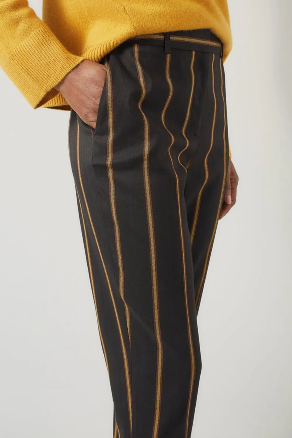 Grey Yellow Striped Cropped Trousers