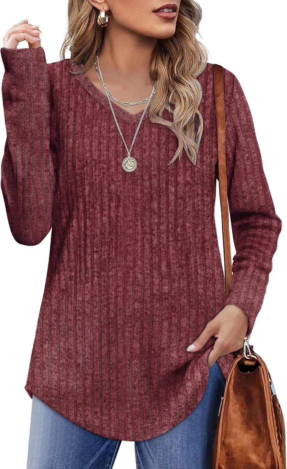 OFEEFAN Long Sleeve Shirts for Women Lightweight Crew Neck Casual Tunic Tops