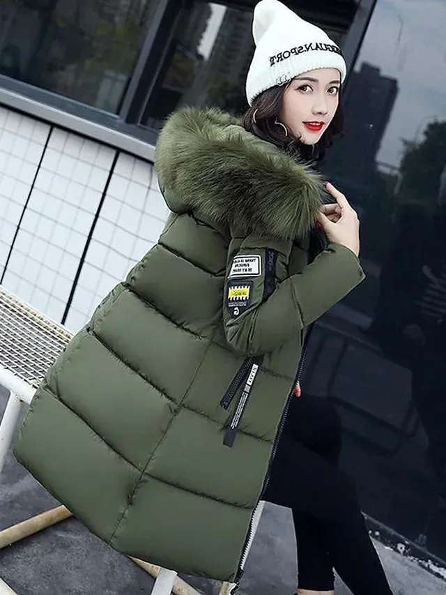 Women's Puffer Jacket Long with Pockets Slim Fit Fur Collar Coat powder Bean Green White Black Gray Classic Style Christmas Winter Zipper Hoodie Regular Fit M L XL XXL XXXL / Daily / Windproof