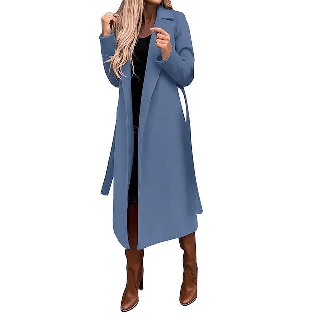 Women's Winter Coat Long Overcoat with Belt Fall Lapel Pea Coat with Pockets Trench Coat Fashion Street Wear Formal Jacket Long Sleeve  Black White Yellow