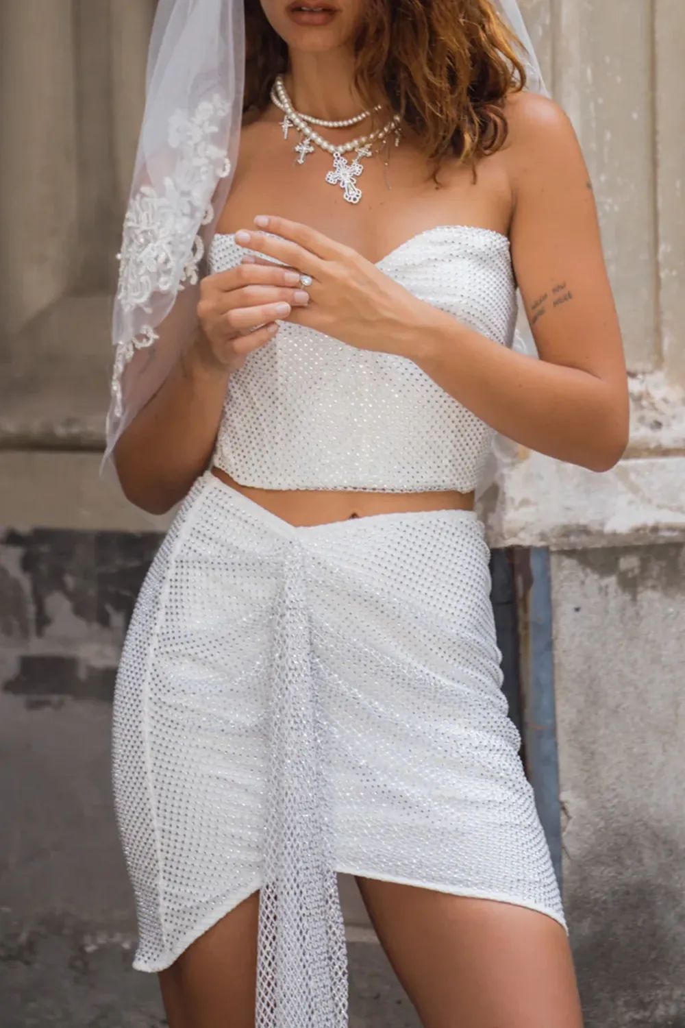 Rhinestone Mesh Strapless Top