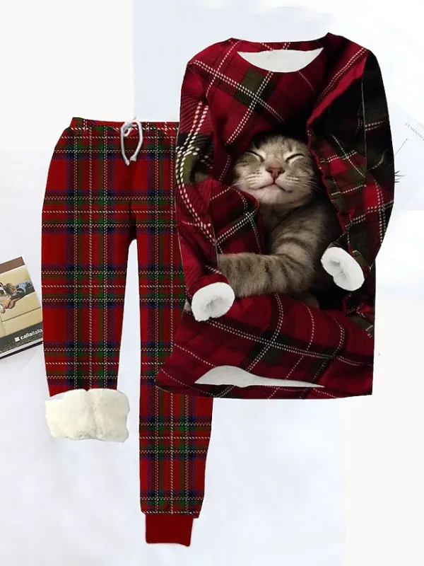 Women's Pajamas Sets Animal Cat Fashion Comfort Soft Carnival Home Christmas Polyester Warm Gift Crew Neck Long Sleeve Hoodie Pant Fall Winter Red Gray