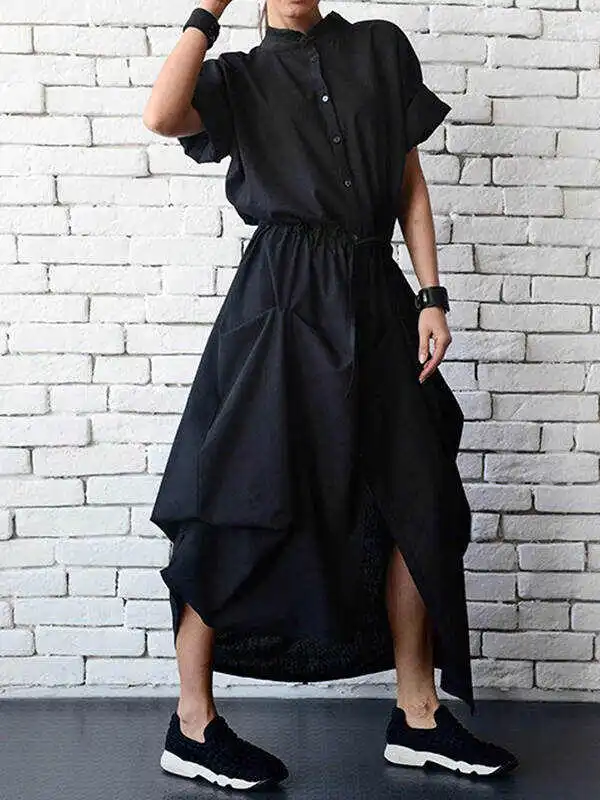 Casual Drawstring Asymmetric Stand Collar Maxi Dresses