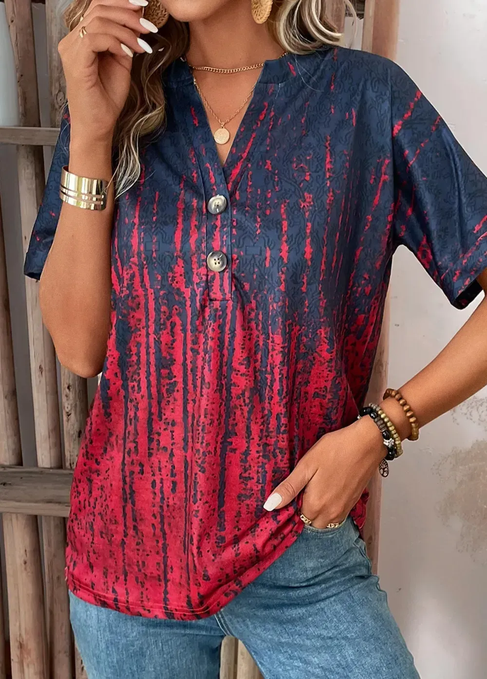 Wine Red Button Ombre Short Sleeve T Shirt